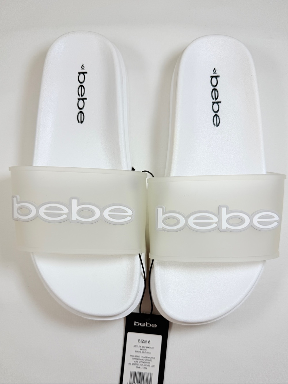 Bebe Women's White Pool Slide Sandals Size 6 Translucent Logo Strap NWT